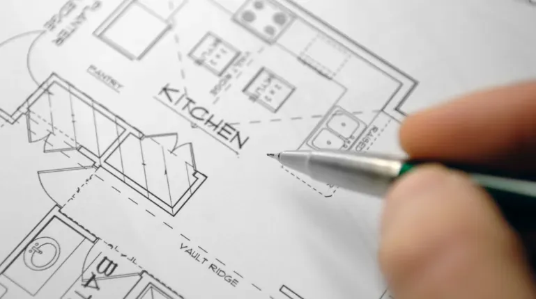 Professional kitchen design blueprint with Vault Ridge labels, demonstrating expert layout planning for a remodel from Cullen’s Home Center.